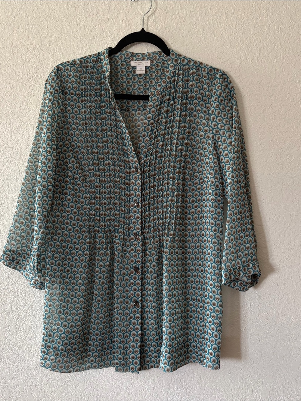 Charter Club woman’s 0X Teal and Brown Geometric Print Blouse chiffon buttondown